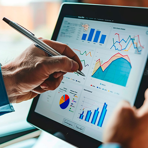 Pessoa analisando relatórios de vendas em um tablet com gráficos e métricas de desempenho.